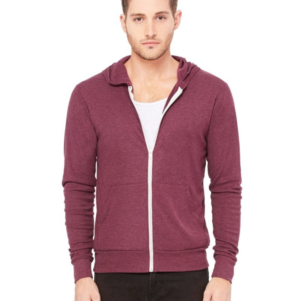 Unisex Triblend Lightweight Full-Zip Hooded Long Sleeve Tee Thumbnail